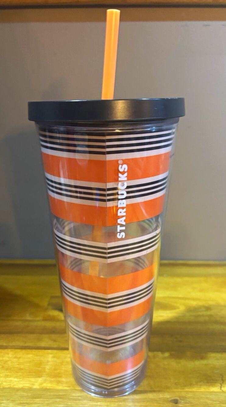 Starbucks Orange & Black Striped Halloween Tumbler w Lid Straw 24 oz